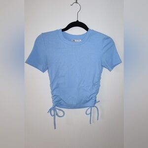 Zara Light Blue Short Sleeve Slightly Cropped Top Side Ties Size Small